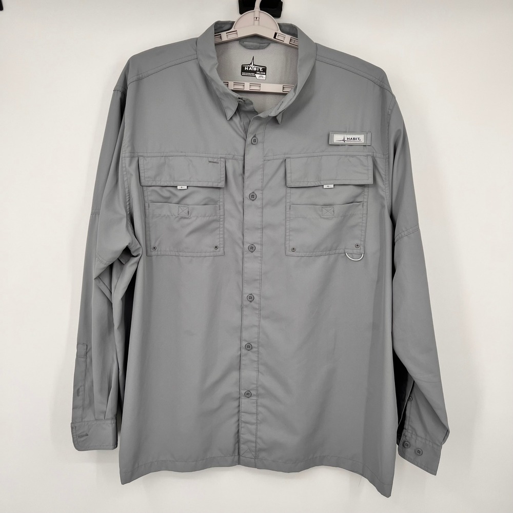 Habit‎ Mens 2XL Gray Long Sleeve Fishing Shirt Vented Solar Factor 40+ UV UPF